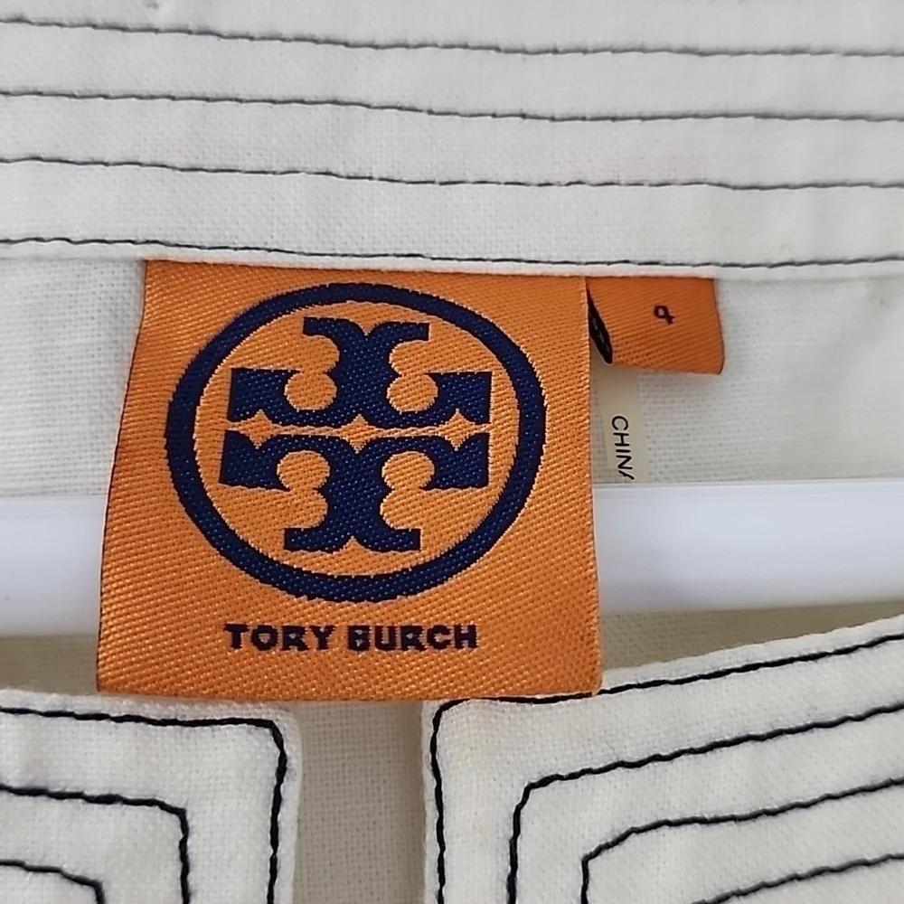Tory Burch Boho Chic White Tunic with Black Stitch Detail and Gold Buttons Sz 4